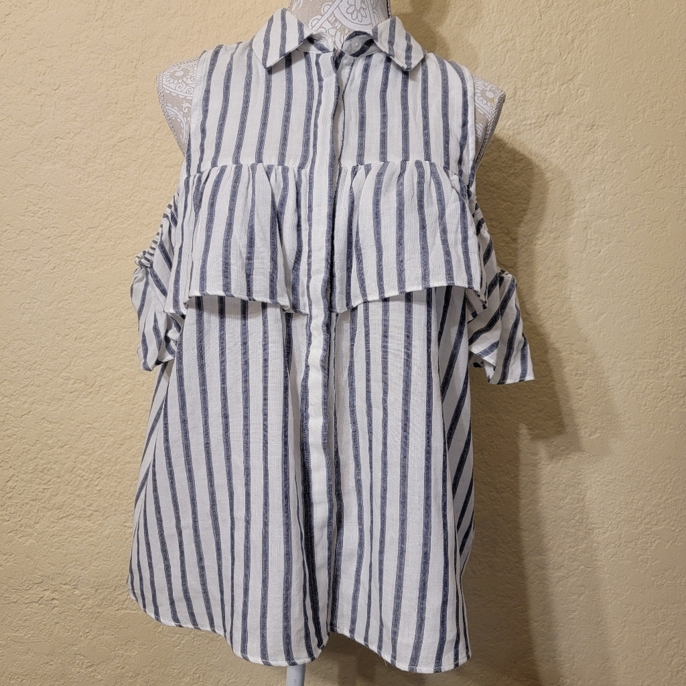 Bobeau Cold Shoulder White and Blue Striped Ruffle Button Down Blouse Sz L